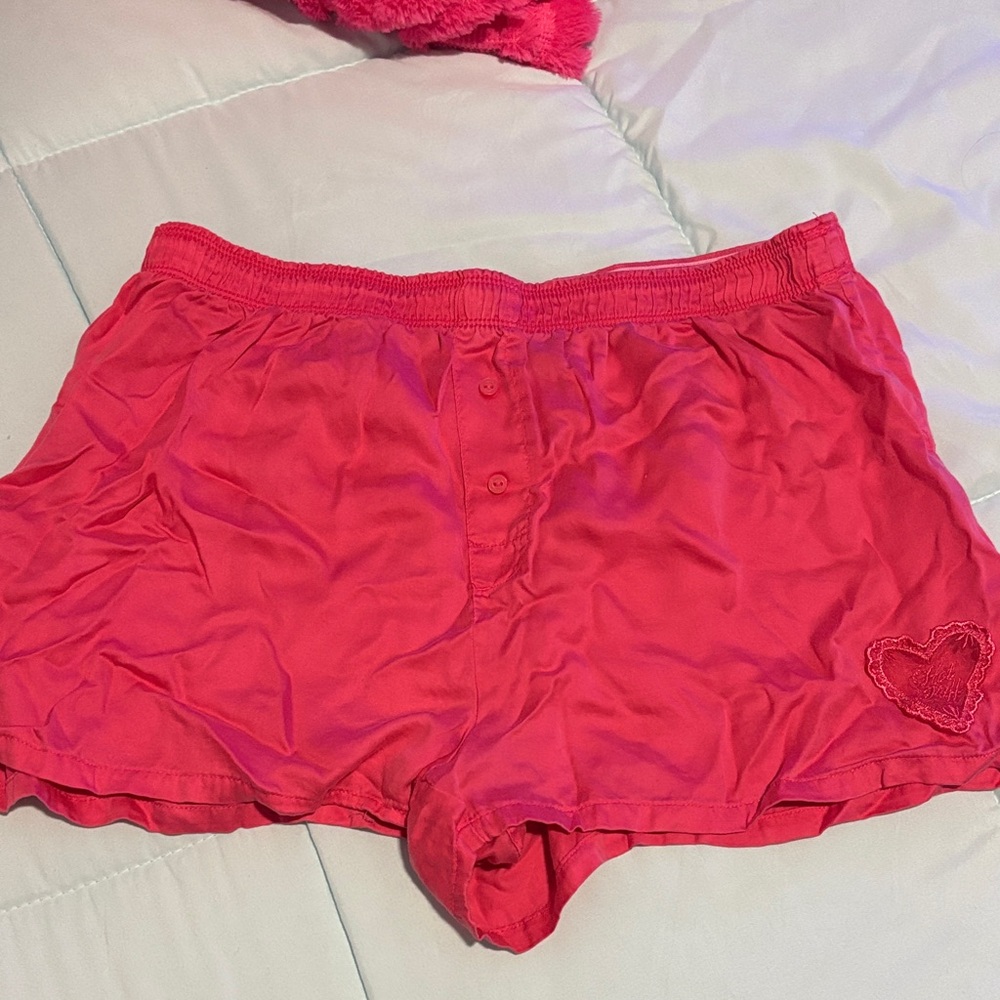 PINK Victoria's Secret Hot Pink Boxer-Style Sleep Shorts with Heart Patch